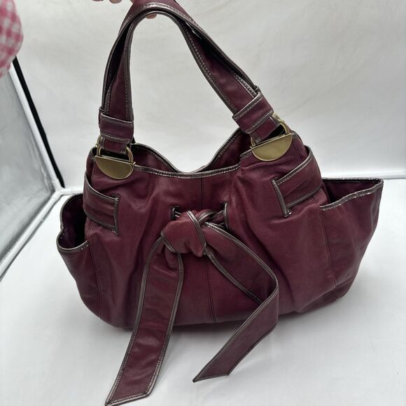 KOOBA Large Leather Shoulder Bag Purse Gold Accent  EUC Burgundy Belt Bow - Picture 1 of 12